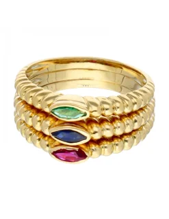 Anillo ancho con zafiro, esmeralda y rubie oro amarillo 18kl