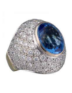 Anillo Coctel de Oro amarillo y blanco, con Brillantes y Zafiro