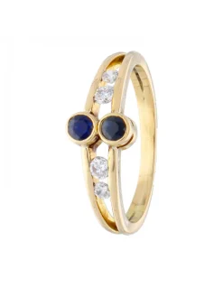 Anillo con cuatro brillantes y dos zafiros oro amarillo 18kl