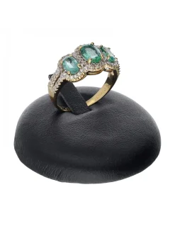 Anillo de oro amarillo 18 K con diseño brillantes y piedras verdes sintéticas