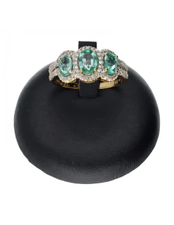 Anillo de oro amarillo 18 K con diseño brillantes y piedras verdes sintéticas