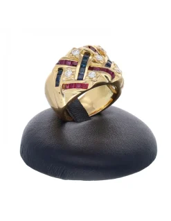 Anillo de oro amarillo 18 K con diseño brillantes, rubíes y zafiros