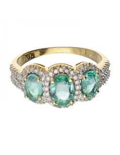 Anillo de oro amarillo 18 K con diseño brillantes y piedras verdes sintéticas
