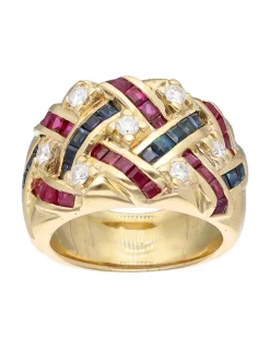 Anillo de oro amarillo 18 K con diseño brillantes, rubíes y zafiros
