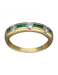Anillo de Oro amarillo con diseño Aniversario, 6 Esmeraldas y 3 Circonitas
