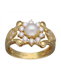 Anillo de Oro amarillo con diseño Coctel, Perla y Circonitas