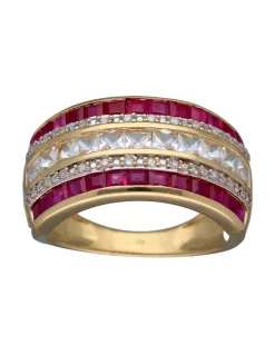 Anillo de Oro amarillo con diseño Chevalier, Circonitas y Rubíes