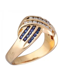 Anillo de Oro amarillo con diseño, brillantes Moissanite, Rubíes y Zafiros