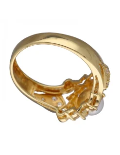 Anillo de Oro amarillo con diseño Coctel, Perla y Circonitas
