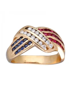 Anillo de Oro amarillo con diseño, brillantes Moissanite, Rubíes y Zafiros