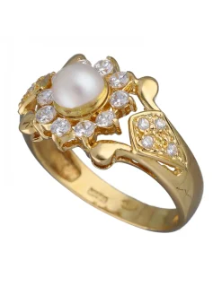 Anillo de Oro amarillo con diseño Coctel, Perla y Circonitas