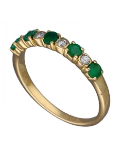Anillo de Oro amarillo con diseño Aniversario, 5 Esmeraldas y 4 Brillantes