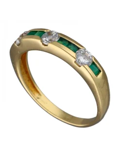 Anillo de Oro amarillo con diseño Aniversario, 6 Esmeraldas y 3 Circonitas