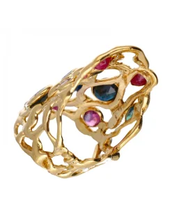 Anillo de Oro amarillo 18K con diseño, circonitas de colores