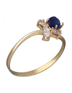 Anillo de Oro amarillo 18K con diseño, Circonitas y Piedra Sintética azul