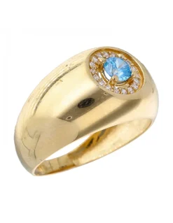 Anillo de Oro amarillo 18K con diseño Circonitas y Piedra azul Sintética