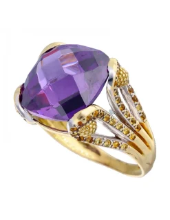 Anillo de oro amarillo 18K con diseño circonitas y amatista sintética