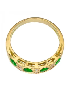 Anillo de Oro amarillo 18K con diseño, Circonitas y Piedras Sintéticas verdes