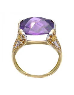 Anillo de oro amarillo 18K con diseño circonitas y amatista sintética