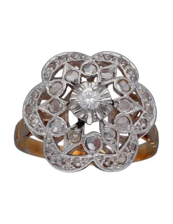 Anillo de Oro amarillo y blanco con diseño Flor y Brillantes