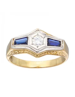 Anillo de Oro amarillo y blanco 18K con diseño, Brillantes y piedras sintéticas azules