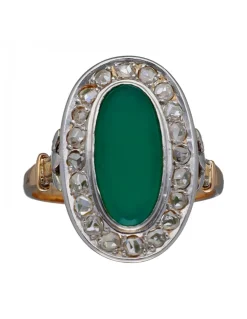 Anillo de Oro amarillo y blanco Diseño Lanzadera, Circonitas y Jade central