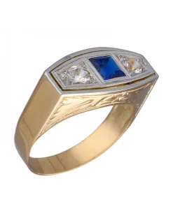 Anillo de Oro amarillo y blanco 18K con diseño, Piedra Sintética azul y Circonitas