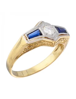 Anillo de Oro amarillo y blanco 18K con diseño, Brillantes y piedras sintéticas azules