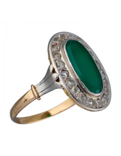 Anillo de Oro amarillo y blanco Diseño Lanzadera, Circonitas y Jade central