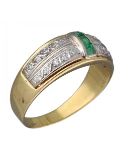 Anillo de Oro amarillo y blanco con diseño Coctel, Circonitas y Esmeraldas