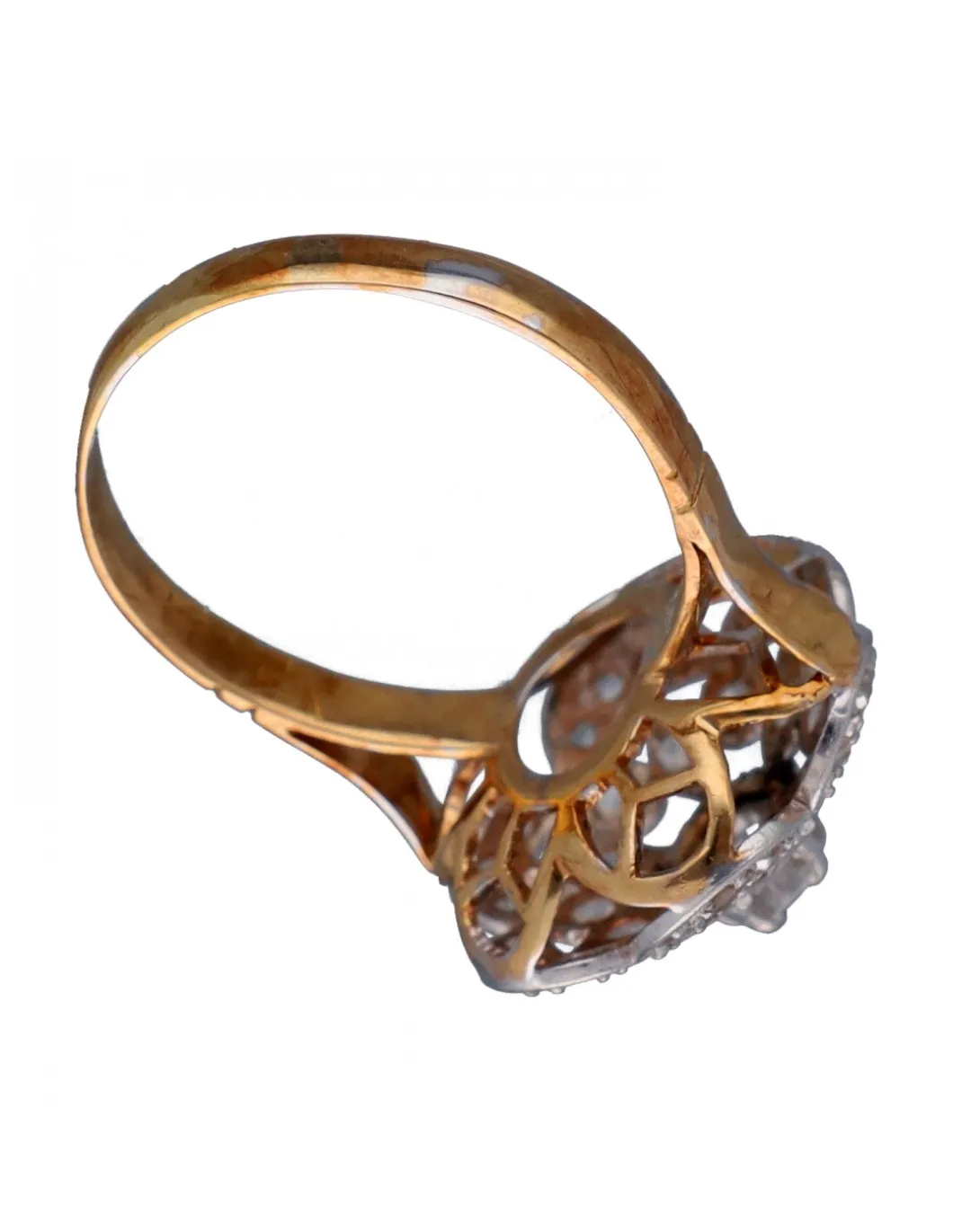 Anillo de Oro amarillo y blanco con diseño Flor y Brillantes