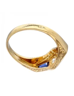 Anillo de Oro amarillo y blanco 18K con diseño, Brillantes y piedras sintéticas azules
