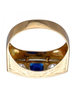 Anillo de Oro amarillo y blanco 18K con diseño, Piedra Sintética azul y Circonitas