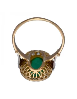 Anillo de Oro amarillo y blanco Diseño Lanzadera, Circonitas y Jade central
