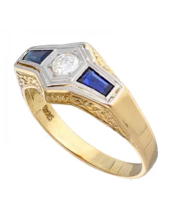 Anillo de Oro amarillo y blanco 18K con diseño, Brillantes y piedras sintéticas azules
