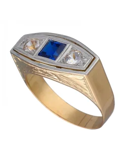 Anillo de Oro amarillo y blanco 18K con diseño, Piedra Sintética azul y Circonitas