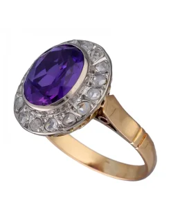 Anillo de Oro amarillo y blanco 18K con diseño, Brillantes y Amatista