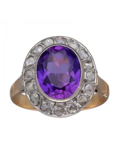 Anillo de Oro amarillo y blanco 18K con diseño, Brillantes y Amatista