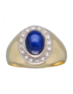 Anillo de Oro amarillo18K con diseño, Brillantes y Piedra azul sintética