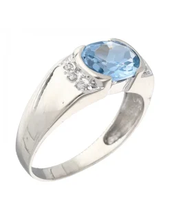Anillo de Oro blanco 18K con diseño, Circonitas y Piedra Sintética azul