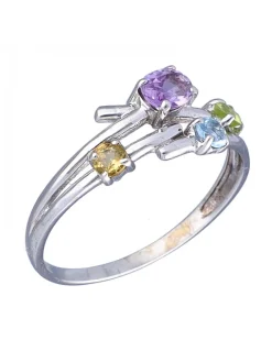 Anillo de Oro blanco 18K con diseño y Piedras sintéticas de colores