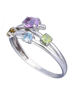 Anillo de Oro blanco 18K con diseño y Piedras sintéticas de colores