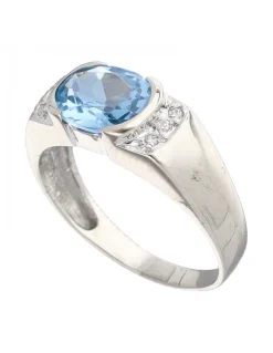 Anillo de Oro blanco 18K con diseño, Circonitas y Piedra Sintética azul