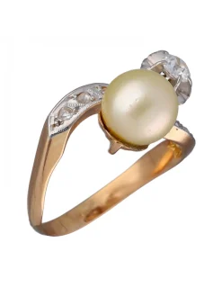 Anillo Tú y Yo Vintage, de Oro amarillo y blanco, con Perla y Brillantes