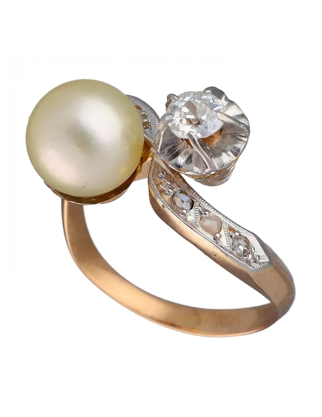 Anillo Tú y Yo Vintage, de Oro amarillo y blanco, con Perla y Brillantes