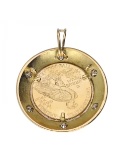 Colgante con moneda incrustada de 5 dólares de 1909 oro 18 K y brillantes