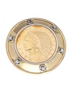 Colgante con moneda incrustada de 5 dólares de 1909 oro 18 K y brillantes