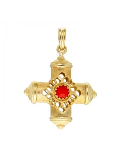 Colgante cruz con coral oro amarillo 18kl