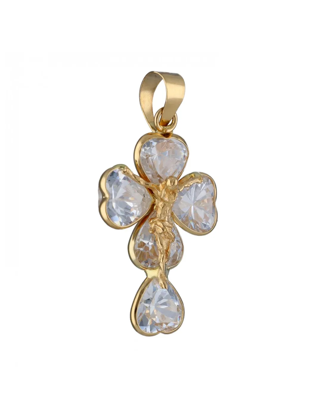 Colgante de Oro amarillo diseño de Cruz, Tréboles y Circonitas