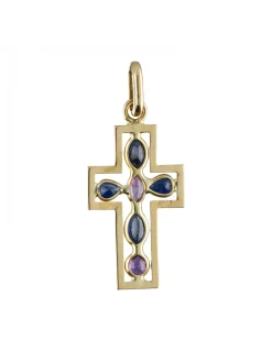 Colgante de Oro amarillo 18K con diseño de Cruz y Piedras Sintéticas azules y rosadas